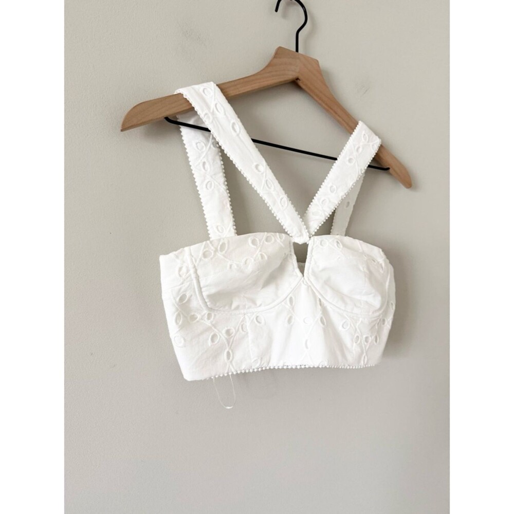 Zara White Eyelet Cotton Halter Crop Top - Size Small - Picture 3 of 6
